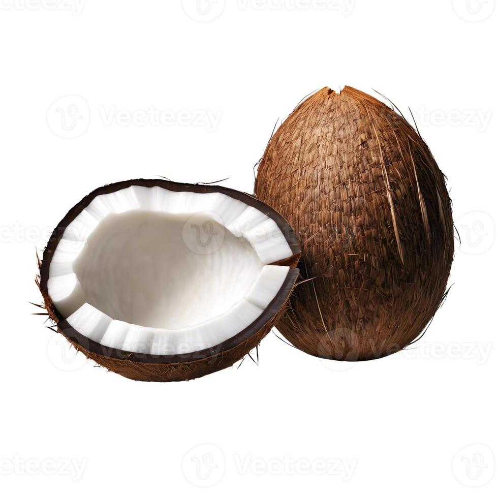 vers palm fruit. geheel fruit en voor de helft van rijp kokosnoot geïsoleerd. gezond eetpatroon. vegetarisch voedsel foto