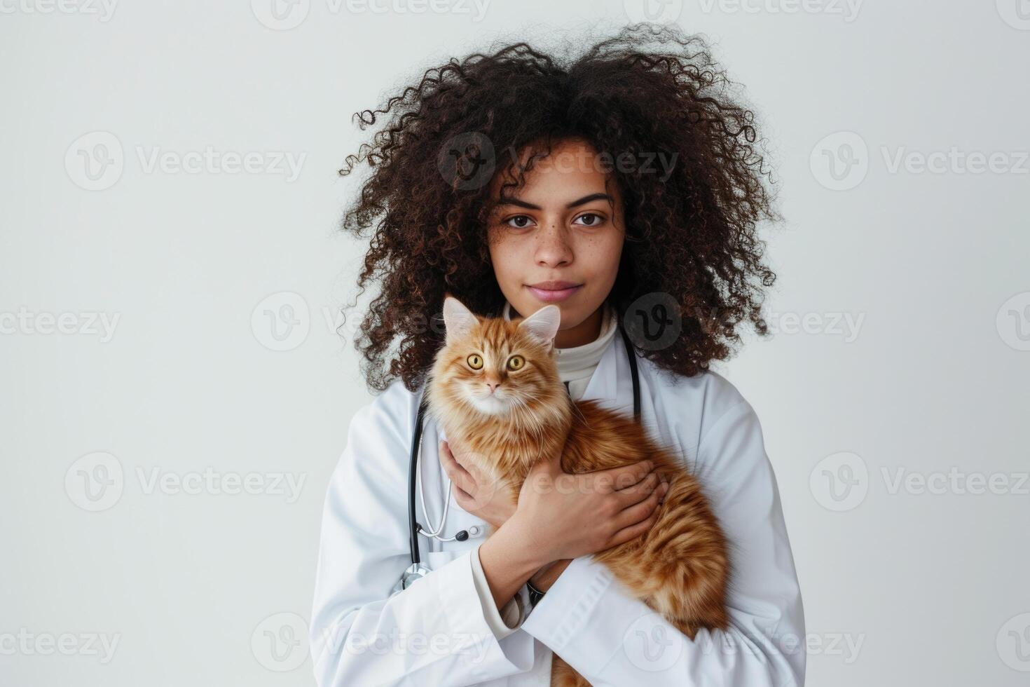 vrouw dierenarts Holding een kat geïsoleerd Aan wit achtergrond. huisdier dokter foto