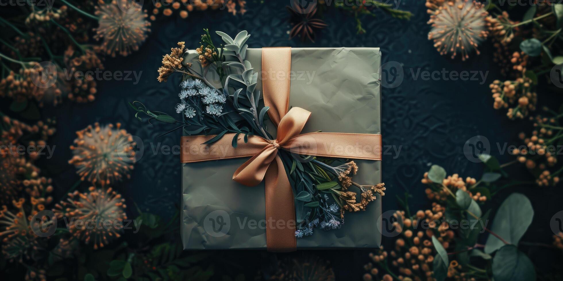 wijnoogst achtergrond met een geschenk doos versierd met een boog en takjes van bloemen Aan een donker blauw achtergrond met wilde bloemen in de omgeving van foto