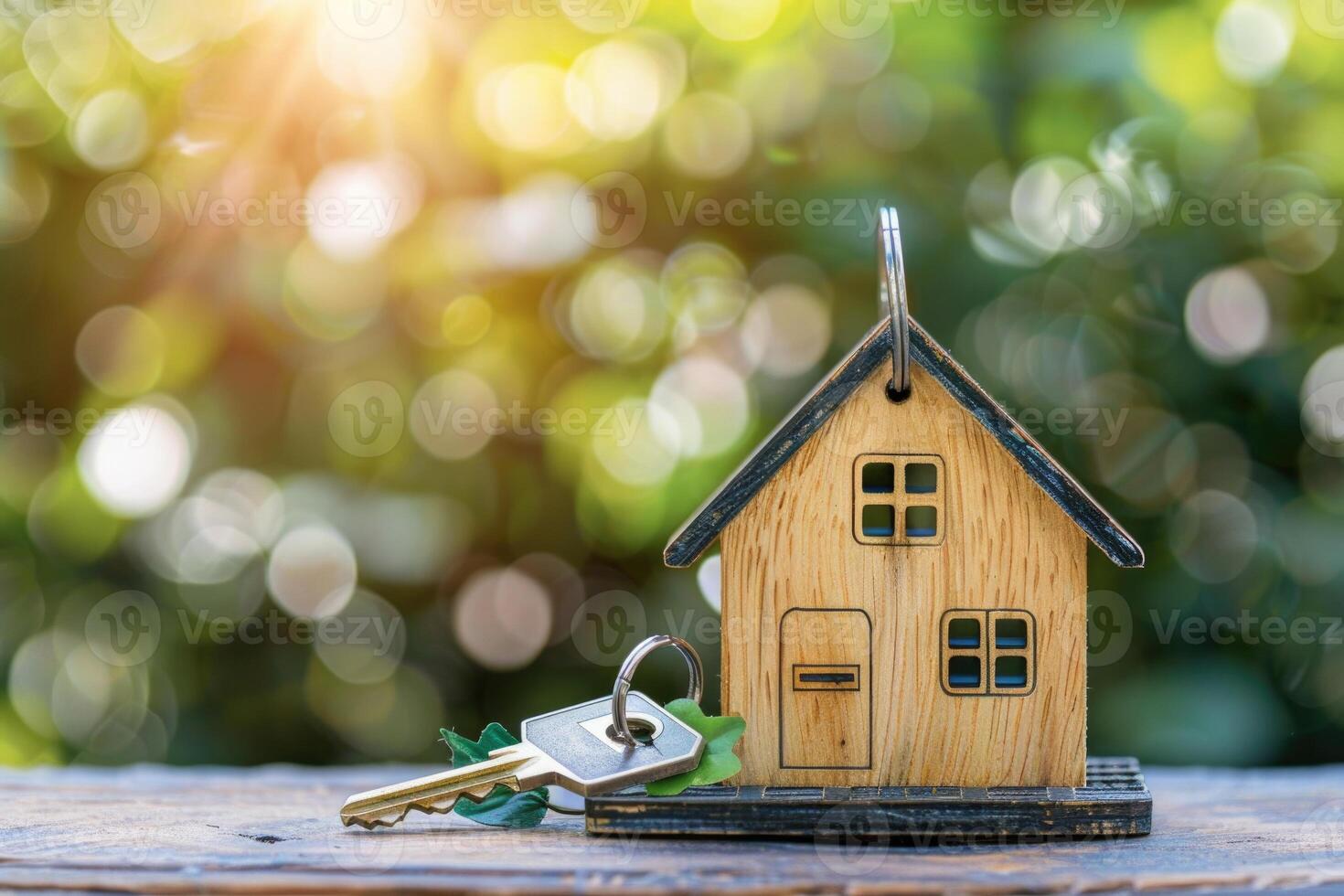 model- van een huis met sleutels Aan houten tafel. echt landgoed zoeken concept foto