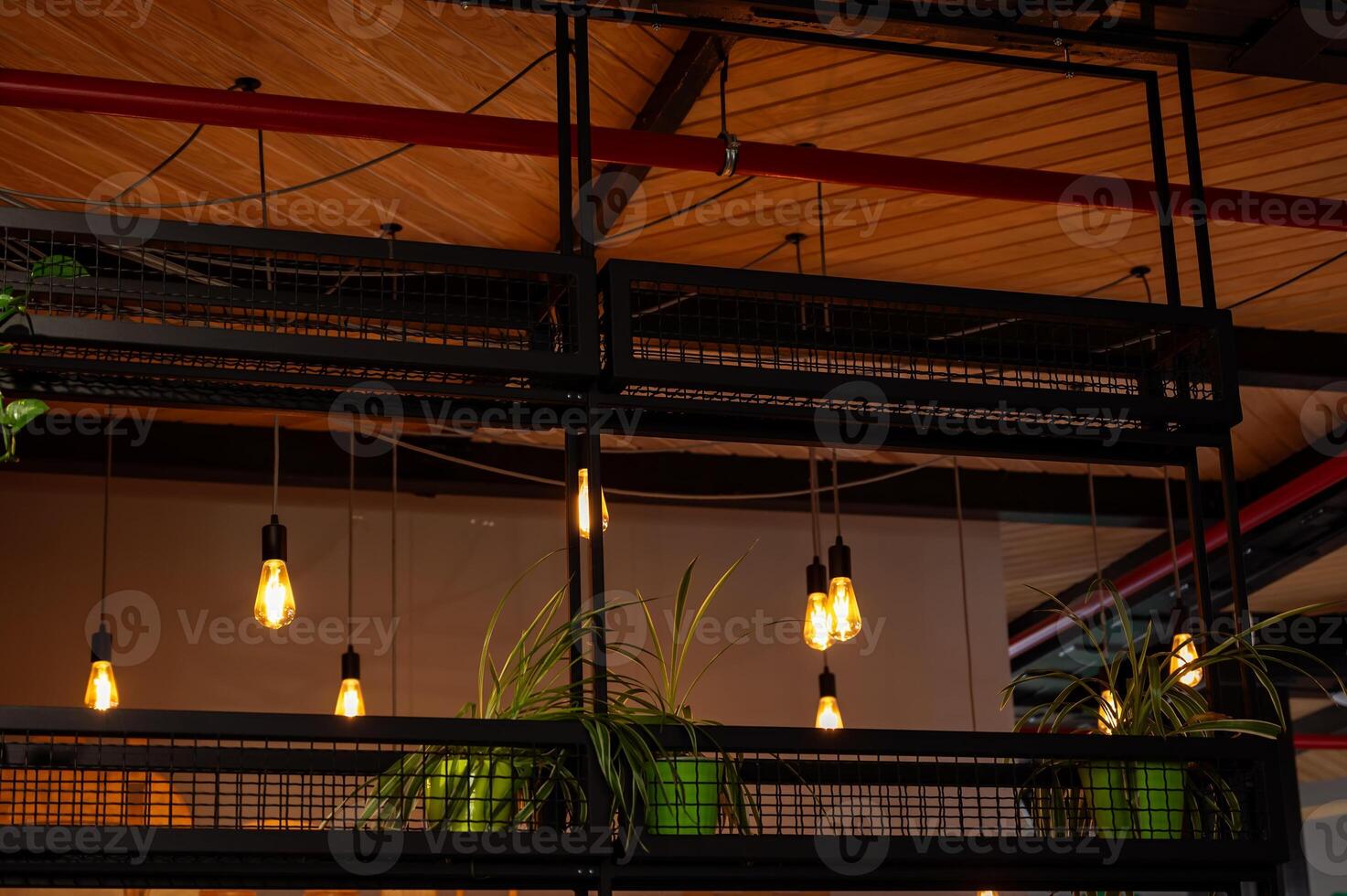 plafond licht lamp met groen fabriek Aan foton van houten plafond in cafe foto