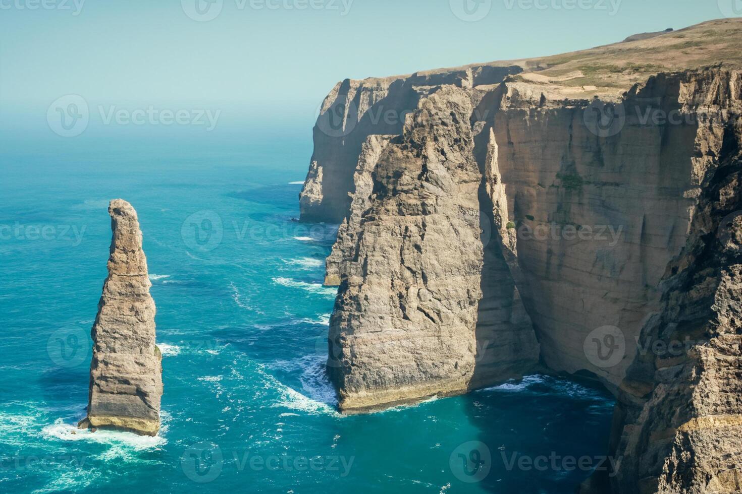 kust majesteit adembenemend kust- kliffen ontmoeten verbijsterend blauw zee, een schouwspel van van de natuur grootsheid foto