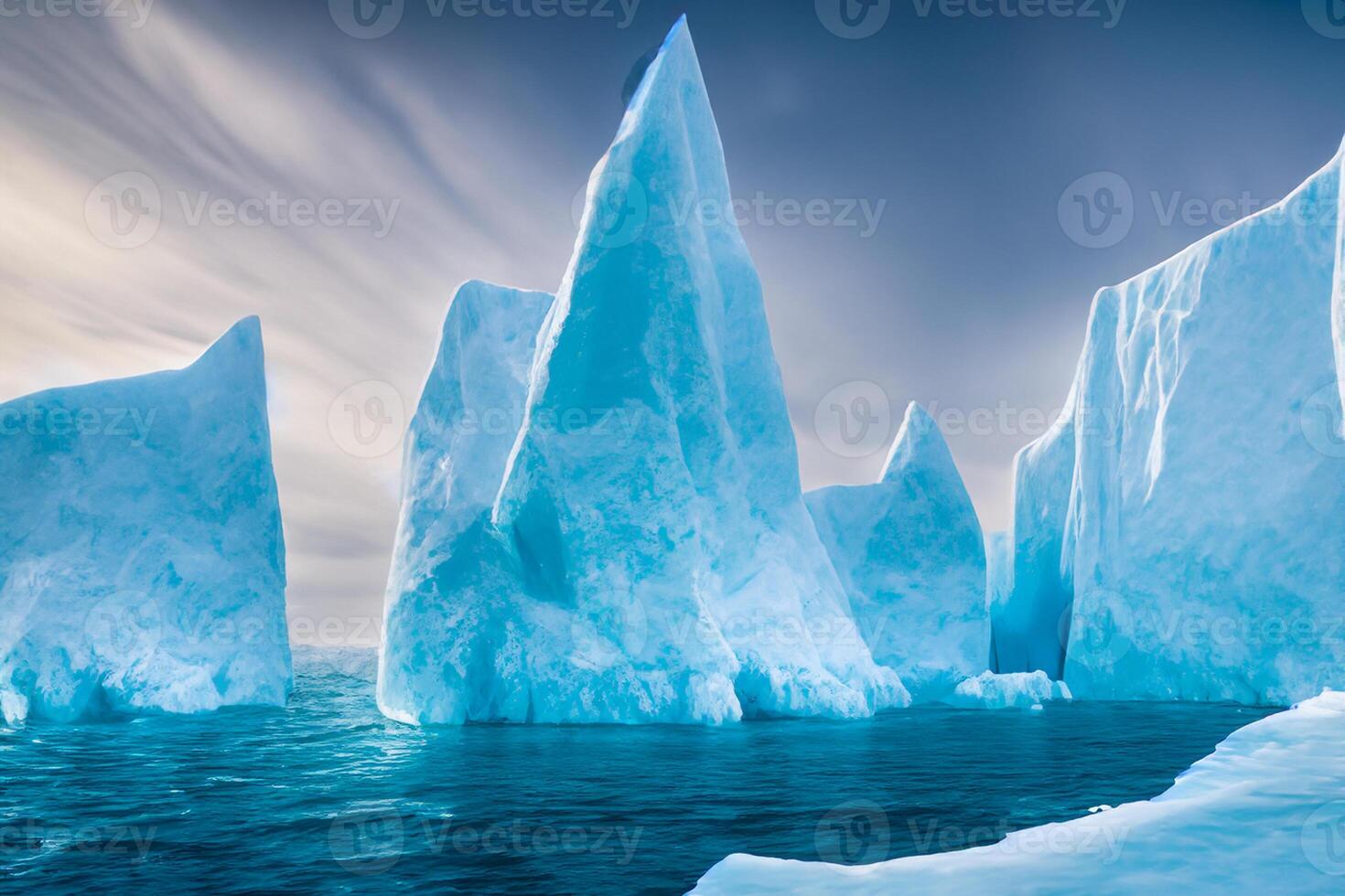 majestueus ijs kliffen gekroond door een koel atmosfeer, ingelijst door de mooi zee en lucht, toveren een harmonisch panorama van van de natuur ijzig grootsheid en oceanisch pracht foto