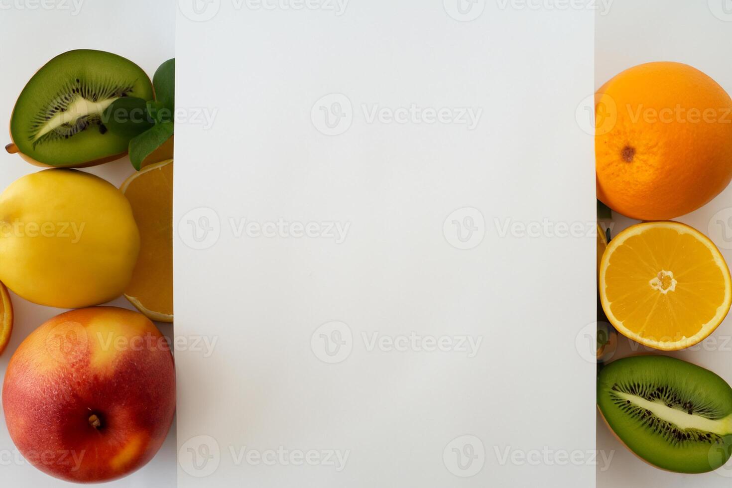 kaart en wit papier mockup geharmoniseerd met vers fruit, bouwen een zichtbaar symfonie van listig ontwerp en culinaire vreugde, waar gezond ingrediënten samenvoegen in een feest van levendig beelden foto