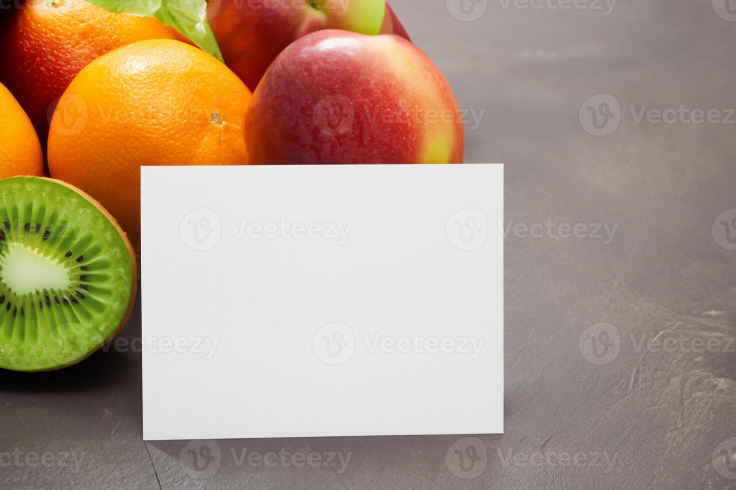 kaart en wit papier mockup geharmoniseerd met vers fruit, bouwen een zichtbaar symfonie van listig ontwerp en culinaire vreugde, waar gezond ingrediënten samenvoegen in een feest van levendig beelden foto