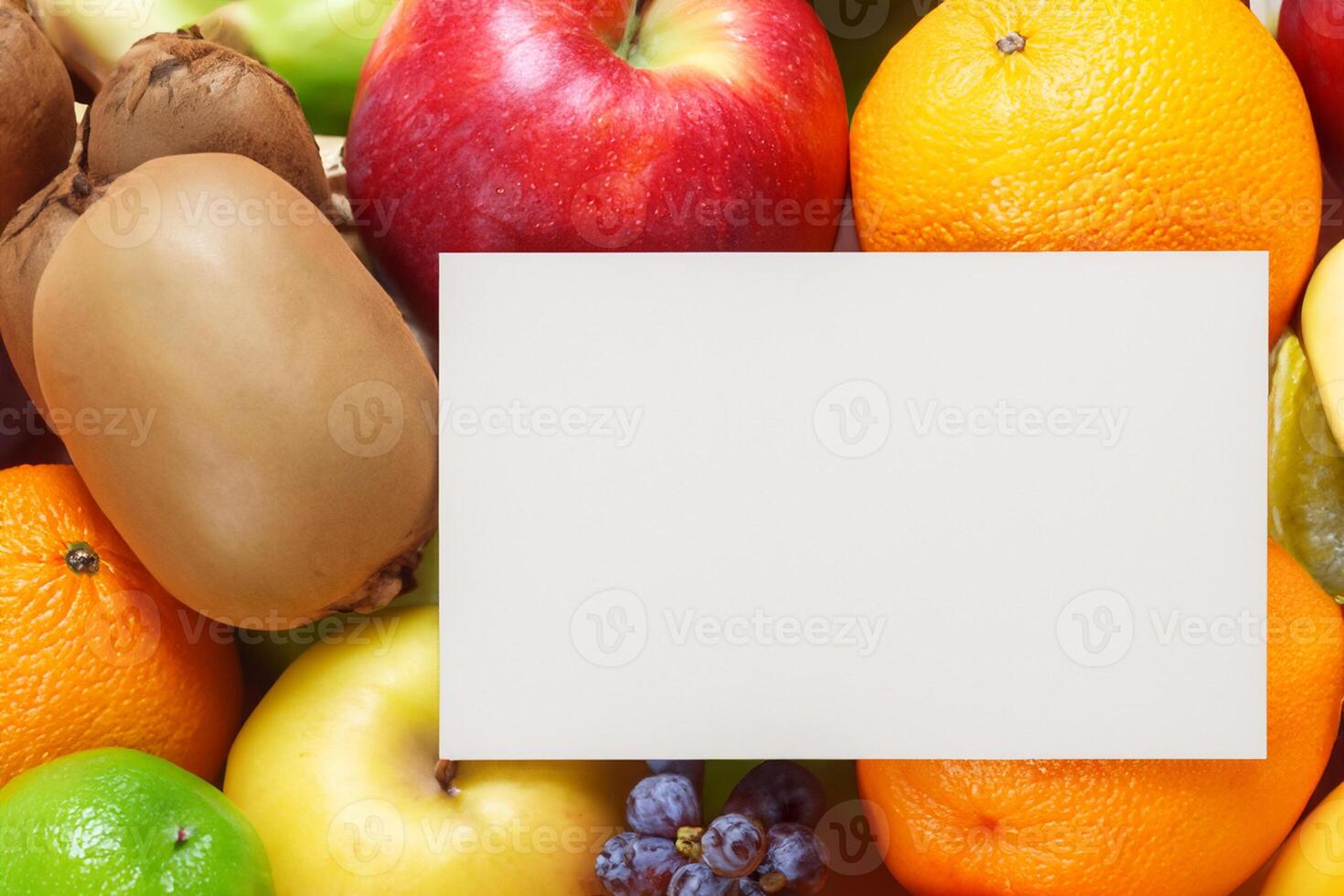 kaart en wit papier mockup geharmoniseerd met vers fruit, bouwen een zichtbaar symfonie van listig ontwerp en culinaire vreugde, waar gezond ingrediënten samenvoegen in een feest van levendig beelden foto