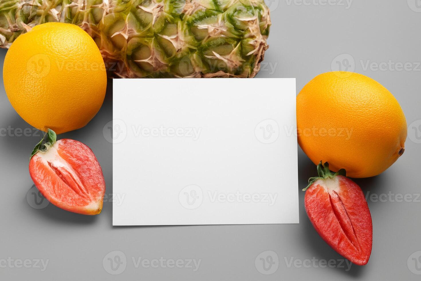 kaart en wit papier mockup geharmoniseerd met vers fruit, bouwen een zichtbaar symfonie van listig ontwerp en culinaire vreugde, waar gezond ingrediënten samenvoegen in een feest van levendig beelden foto