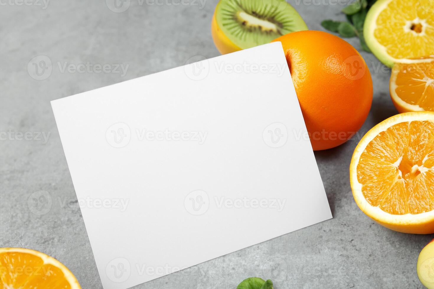 kaart en wit papier mockup geharmoniseerd met vers fruit, bouwen een zichtbaar symfonie van listig ontwerp en culinaire vreugde, waar gezond ingrediënten samenvoegen in een feest van levendig beelden foto