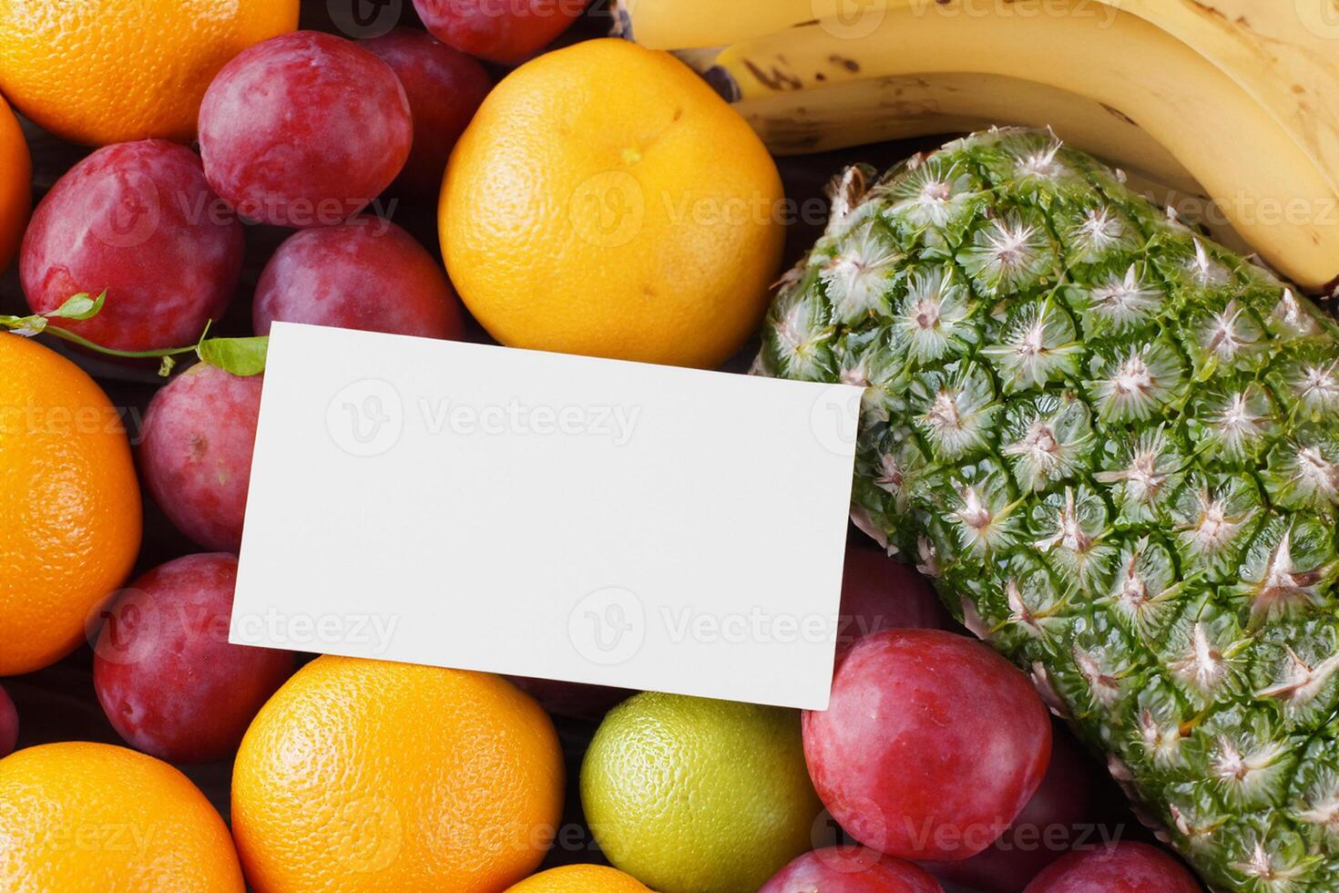 kaart en wit papier mockup geharmoniseerd met vers fruit, bouwen een zichtbaar symfonie van listig ontwerp en culinaire vreugde, waar gezond ingrediënten samenvoegen in een feest van levendig beelden foto