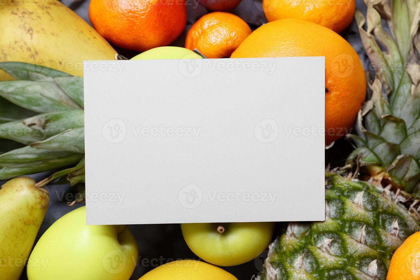 kaart en wit papier mockup geharmoniseerd met vers fruit, bouwen een zichtbaar symfonie van listig ontwerp en culinaire vreugde, waar gezond ingrediënten samenvoegen in een feest van levendig beelden foto