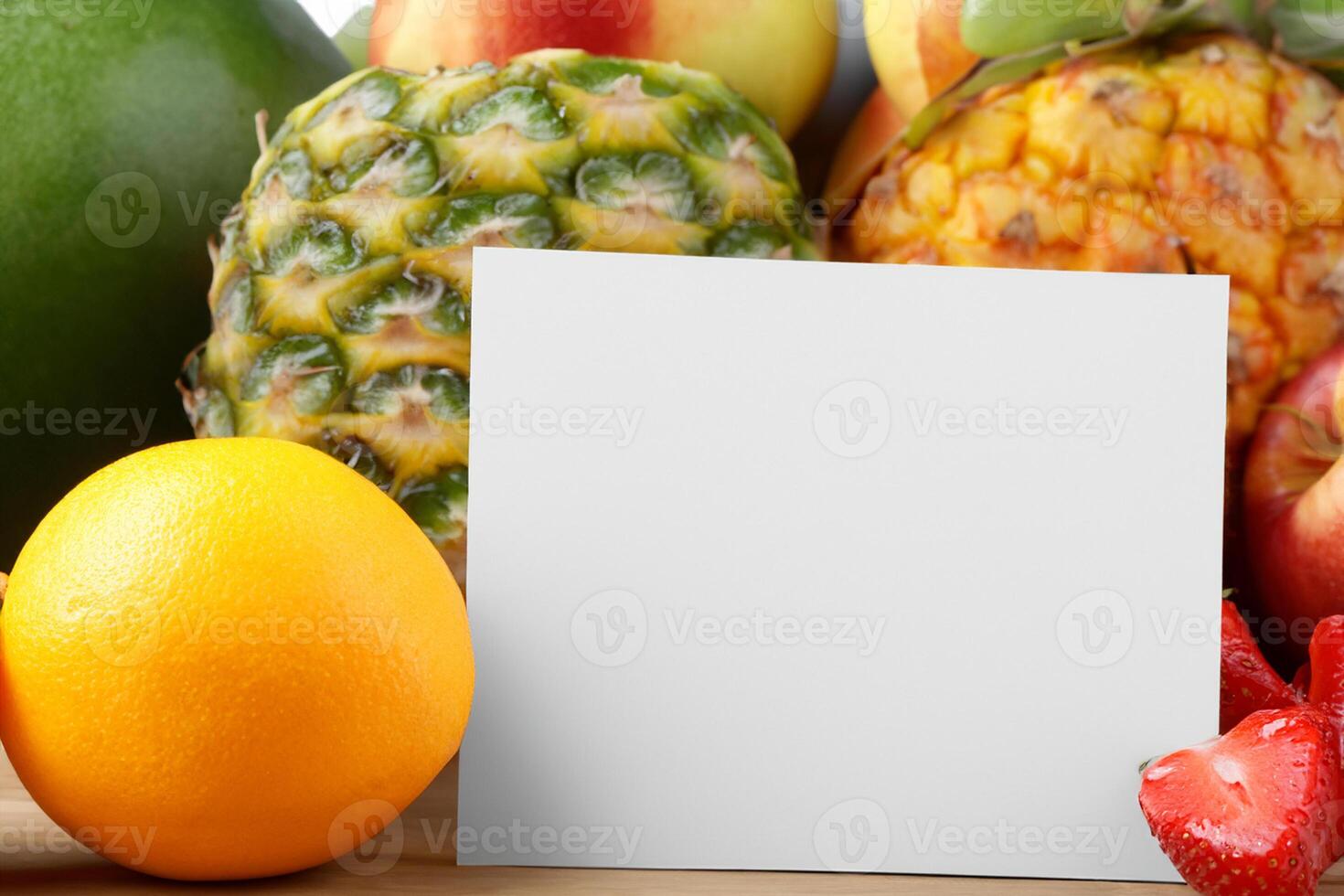 kaart en wit papier mockup geharmoniseerd met vers fruit, bouwen een zichtbaar symfonie van listig ontwerp en culinaire vreugde, waar gezond ingrediënten samenvoegen in een feest van levendig beelden foto