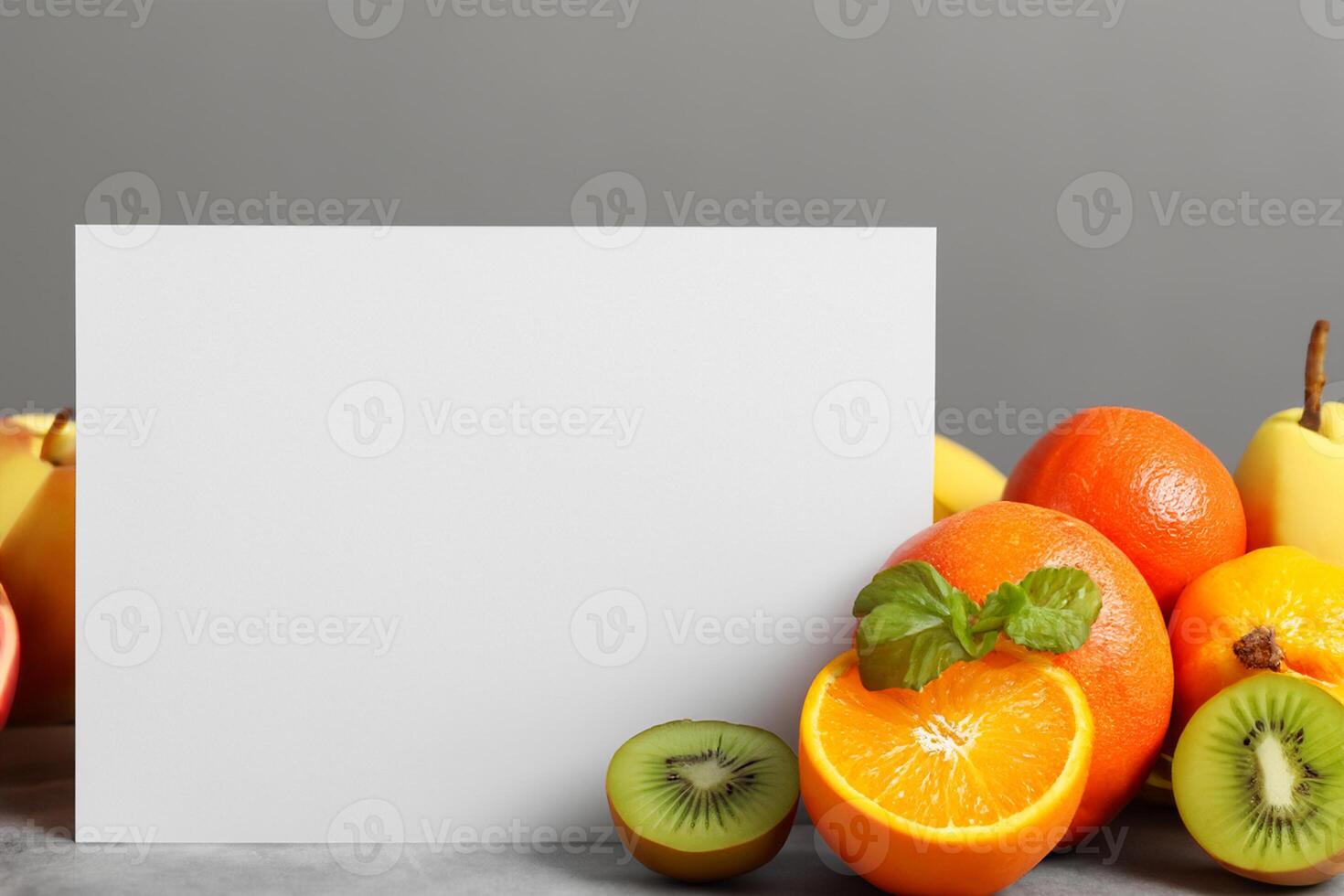 kaart en wit papier mockup geharmoniseerd met vers fruit, bouwen een zichtbaar symfonie van listig ontwerp en culinaire vreugde, waar gezond ingrediënten samenvoegen in een feest van levendig beelden foto