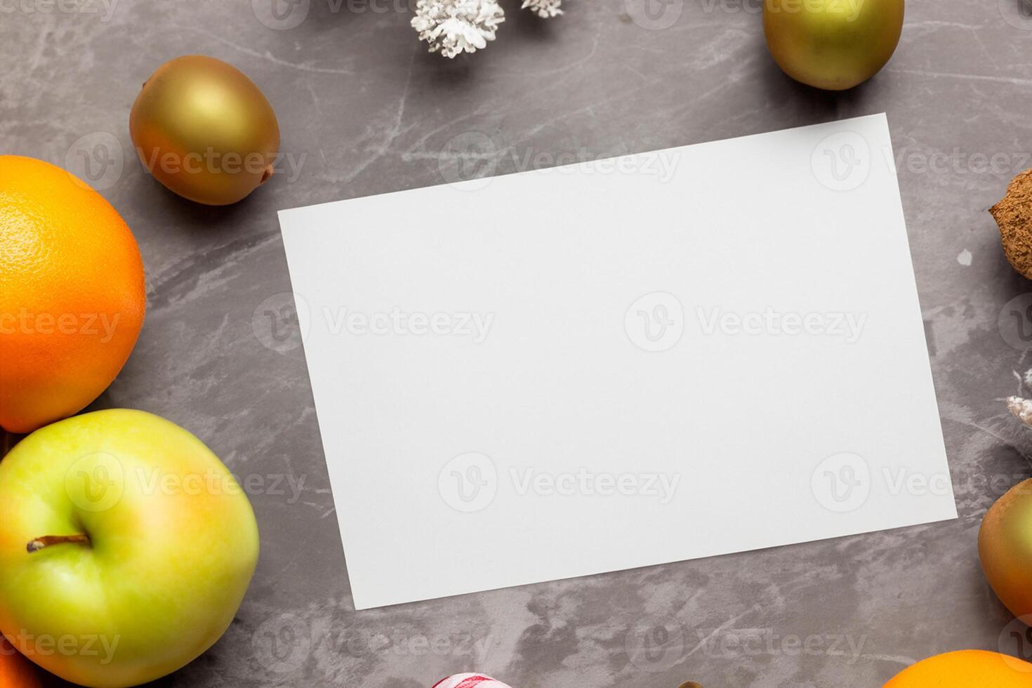 kaart en wit papier mockup geharmoniseerd met vers fruit, bouwen een zichtbaar symfonie van listig ontwerp en culinaire vreugde, waar gezond ingrediënten samenvoegen in een feest van levendig beelden foto