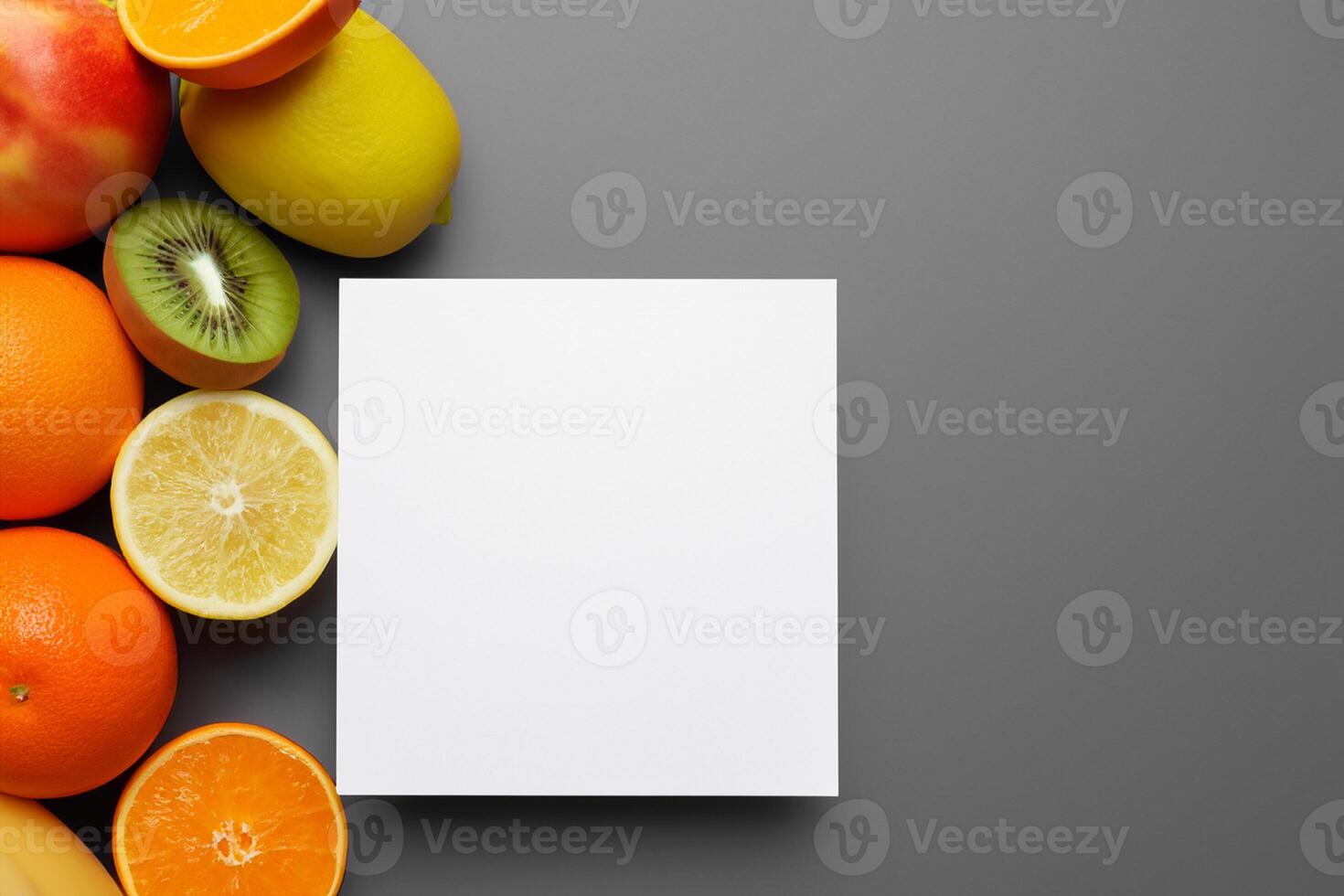 kaart en wit papier mockup geharmoniseerd met vers fruit, bouwen een zichtbaar symfonie van listig ontwerp en culinaire vreugde, waar gezond ingrediënten samenvoegen in een feest van levendig beelden foto