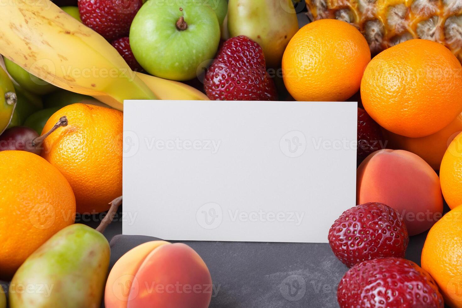 kaart en wit papier mockup geharmoniseerd met vers fruit, bouwen een zichtbaar symfonie van listig ontwerp en culinaire vreugde, waar gezond ingrediënten samenvoegen in een feest van levendig beelden foto