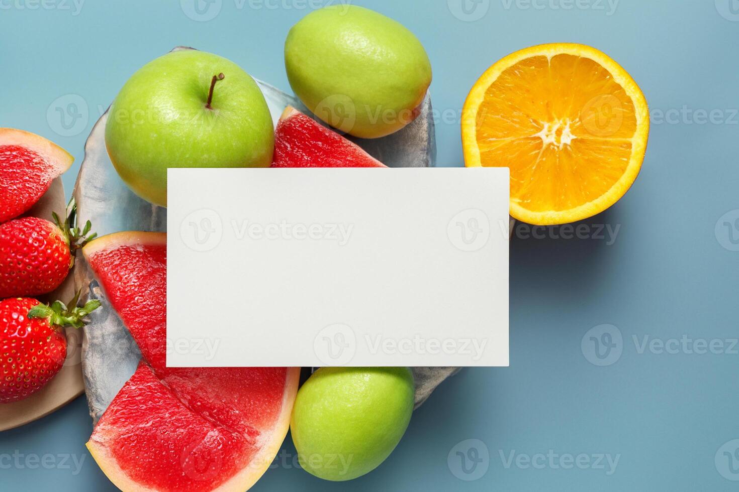 kaart en wit papier mockup geharmoniseerd met vers fruit, bouwen een zichtbaar symfonie van listig ontwerp en culinaire vreugde, waar gezond ingrediënten samenvoegen in een feest van levendig beelden foto