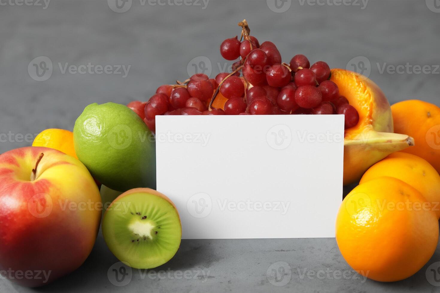 kaart en wit papier mockup geharmoniseerd met vers fruit, bouwen een zichtbaar symfonie van listig ontwerp en culinaire vreugde, waar gezond ingrediënten samenvoegen in een feest van levendig beelden foto