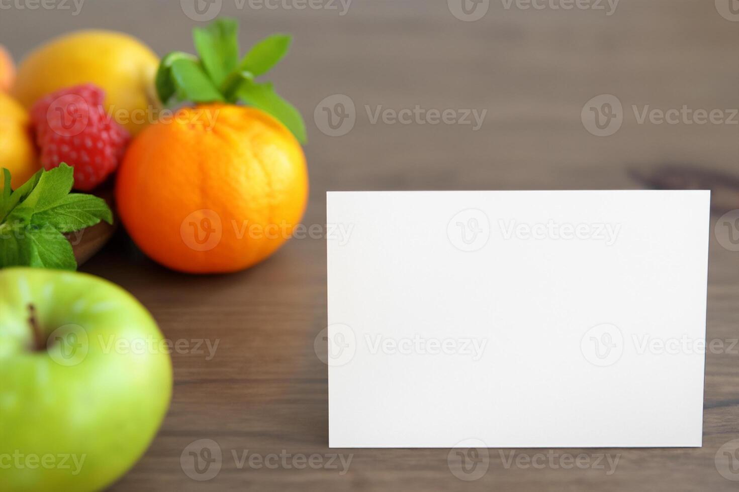 kaart en wit papier mockup geharmoniseerd met vers fruit, bouwen een zichtbaar symfonie van listig ontwerp en culinaire vreugde, waar gezond ingrediënten samenvoegen in een feest van levendig beelden foto