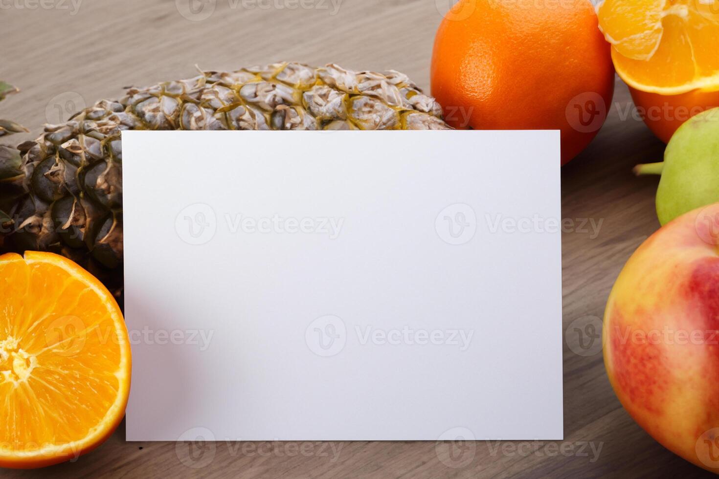 kaart en wit papier mockup geharmoniseerd met vers fruit, bouwen een zichtbaar symfonie van listig ontwerp en culinaire vreugde, waar gezond ingrediënten samenvoegen in een feest van levendig beelden foto