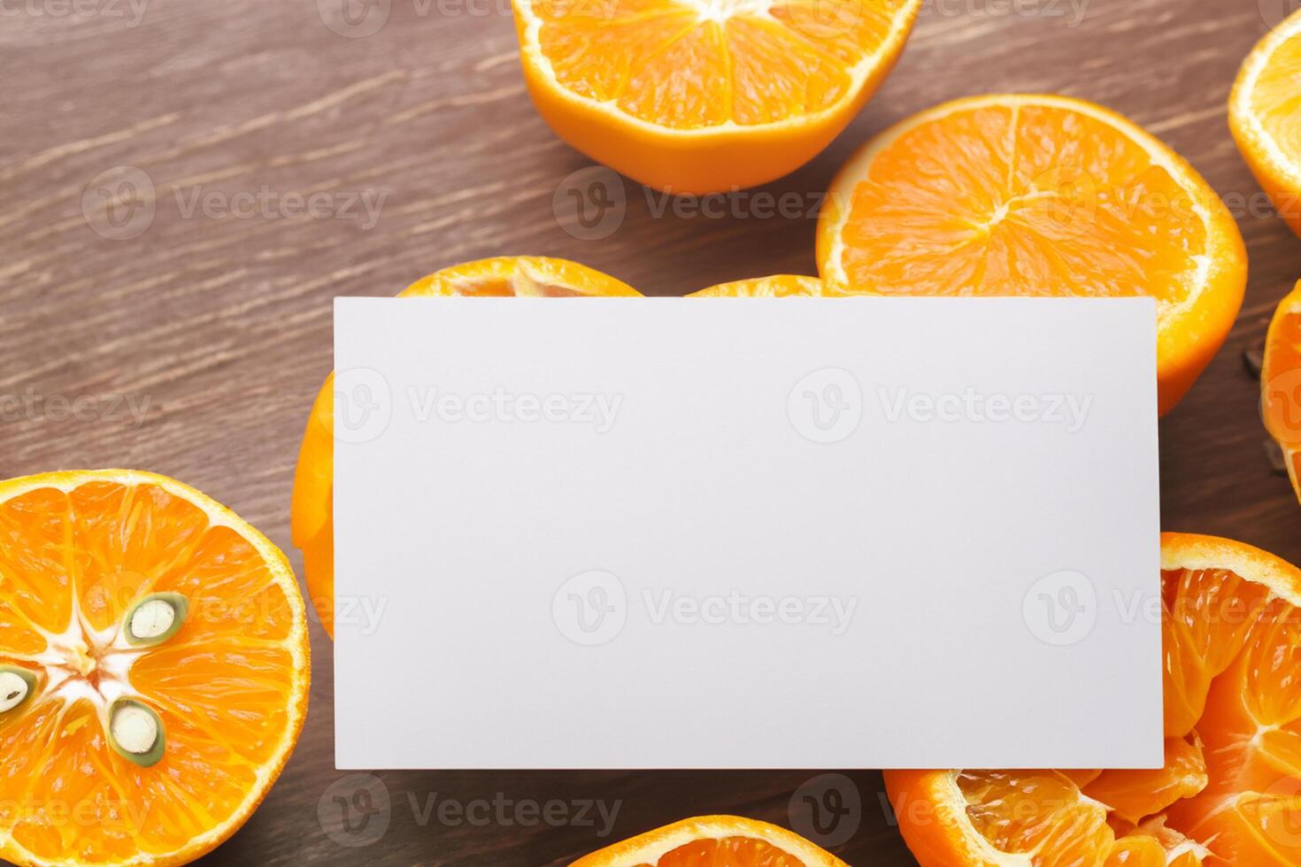 wit papier mockup verlevendigd door de pittig aura van vers sinaasappelen, bouwen een zichtbaar symfonie van culinaire weelde en gezond ontwerp foto