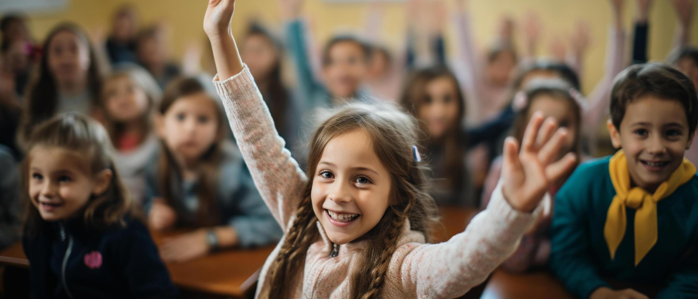 kinderen met handen opgevoed, gretig leraar wijzend, levendig klas, kant hoek visie foto