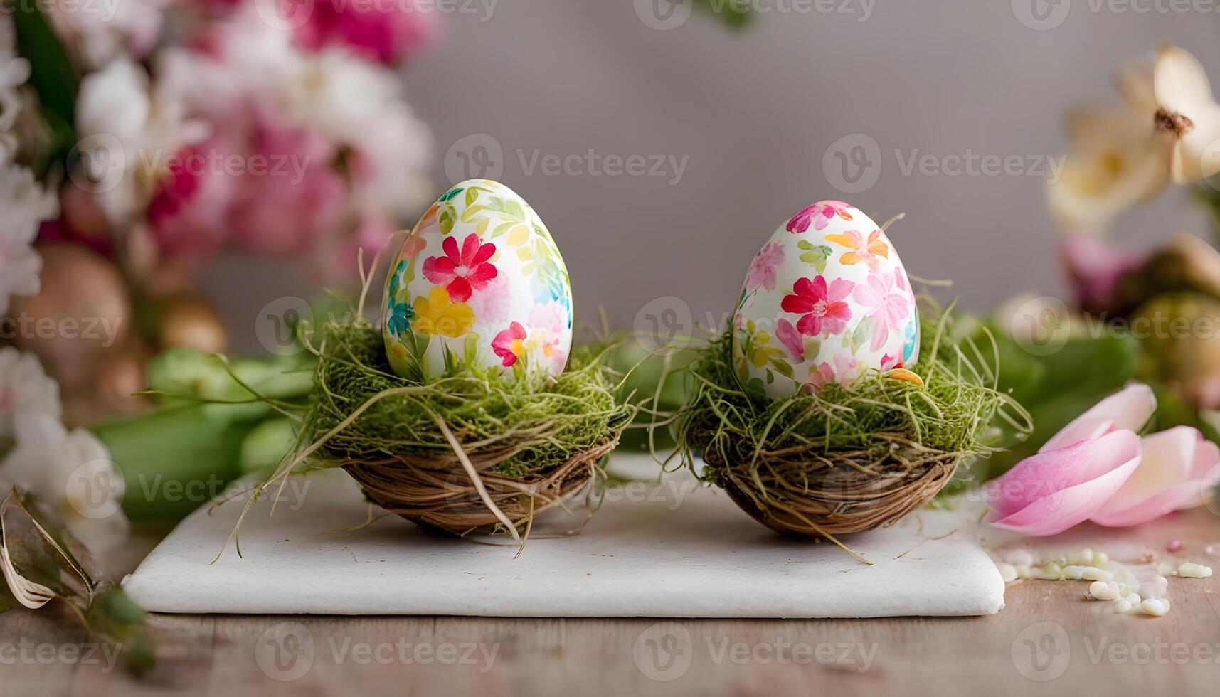 twee versierd Pasen eieren zitten Aan een tafel met bloemen foto