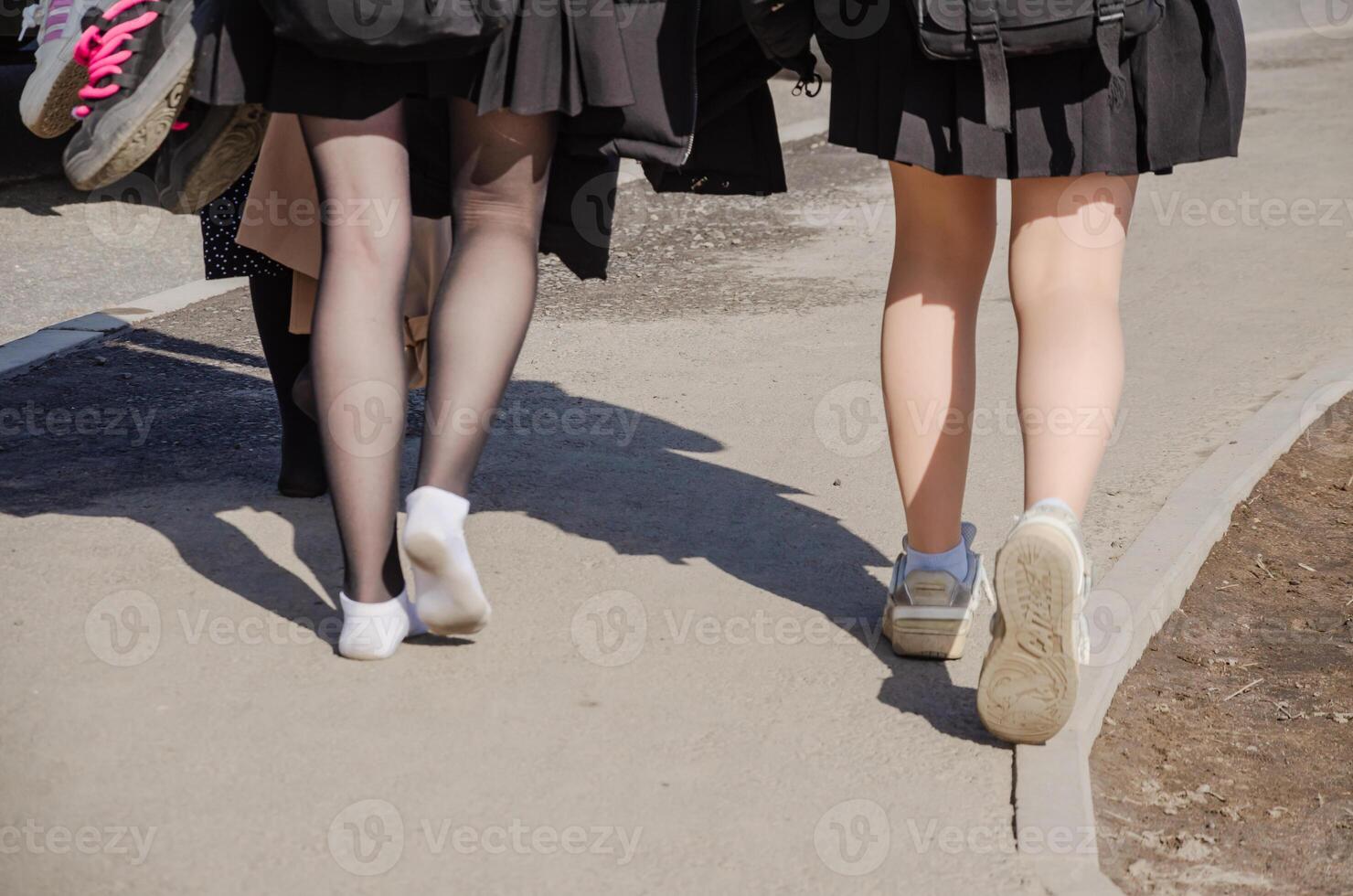 hoog school- studenten wandelen huis Aan een mooi hoor warm voorjaar dag. hoog kwaliteit foto