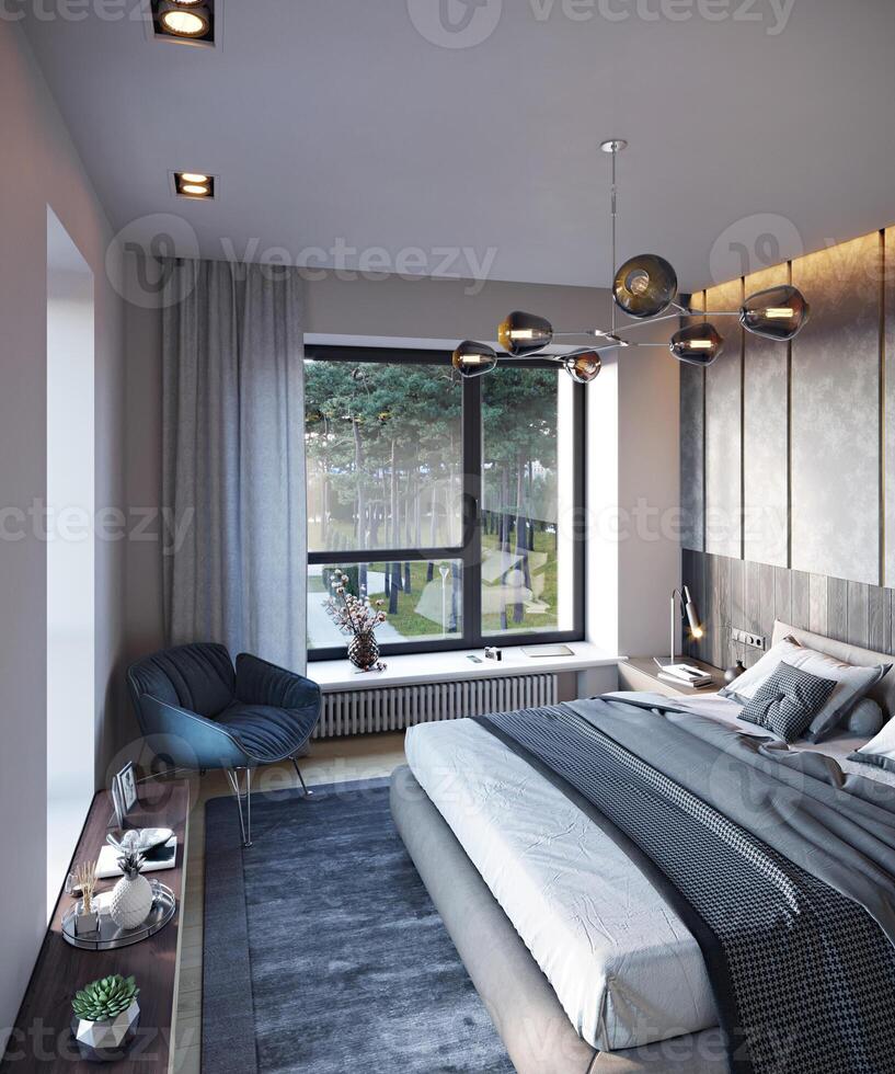 3d renderen van een modern slaapkamer van een privaat huis, kamer met een visie foto