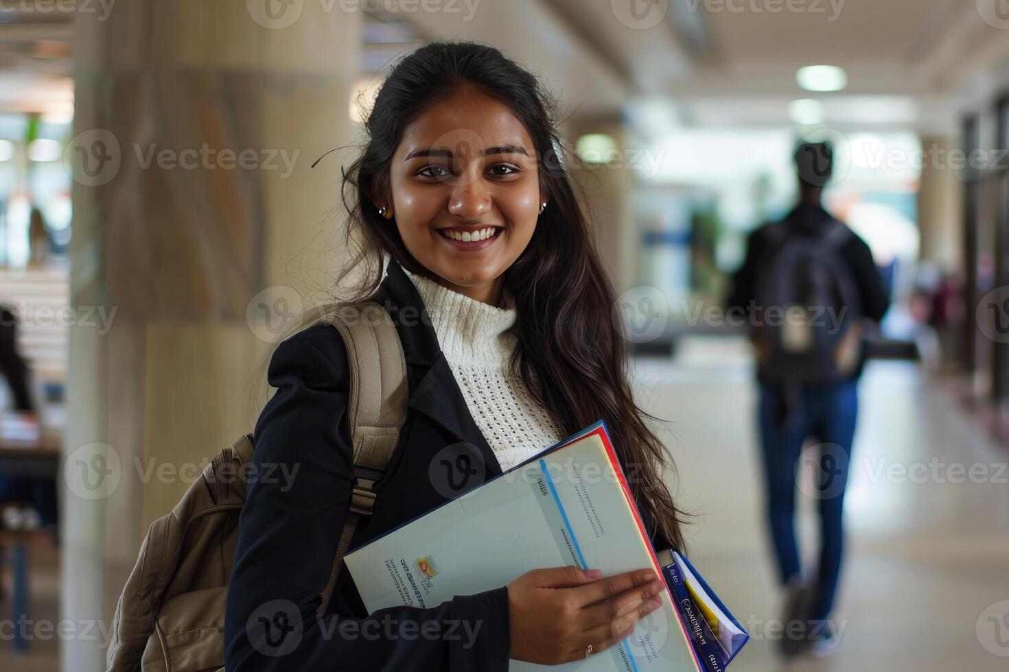 aantrekkelijk vrouw leerling lachend, Holding boeken en notities. foto