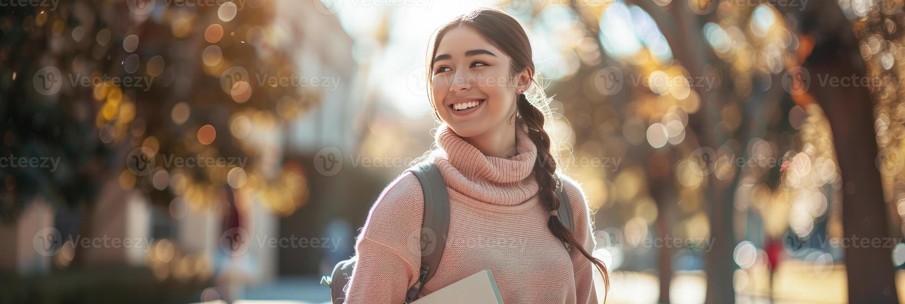 een mooi glimlachen vrouw leerling vervelend een licht roze trui en Holding boeken foto