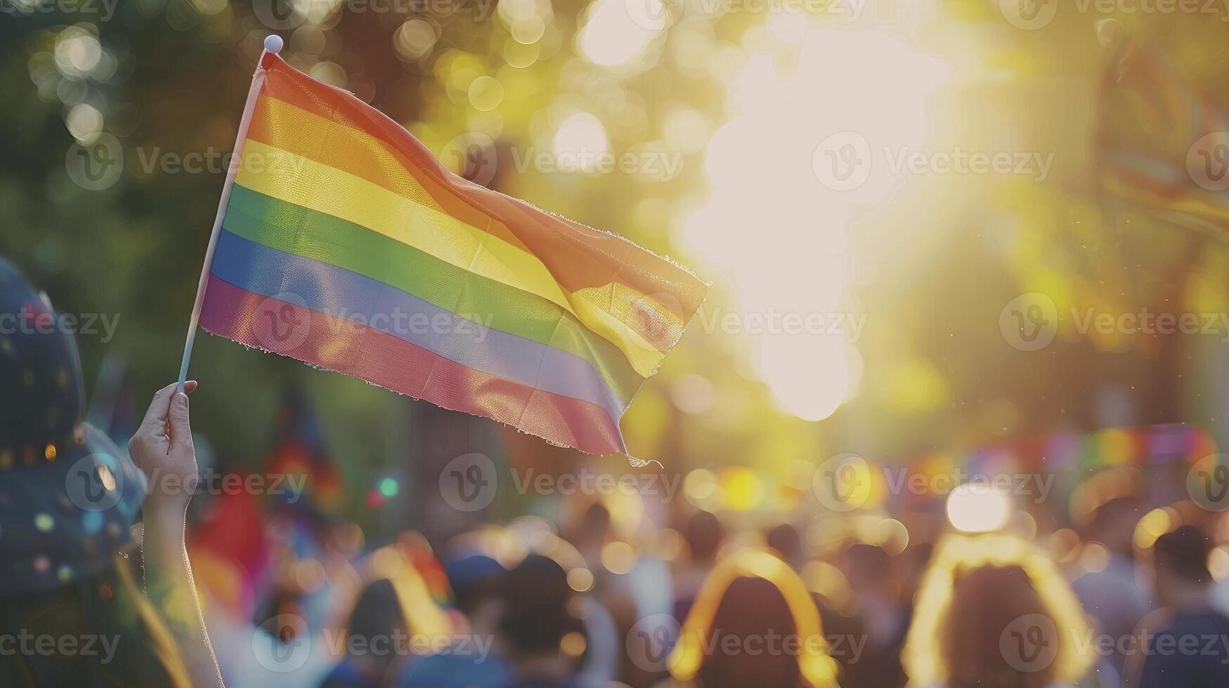 persoon golvend regenboog vlag Bij trots optocht of festival, lgbt concept met wazig menigte en bokeh achtergrond, zonnig dag foto