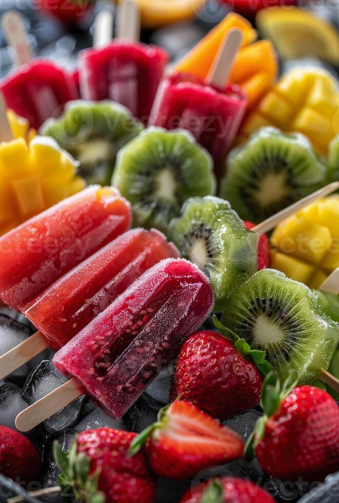 een kleurrijk rangschikking van fruit ijslollys geregeld Aan ijs emmer foto