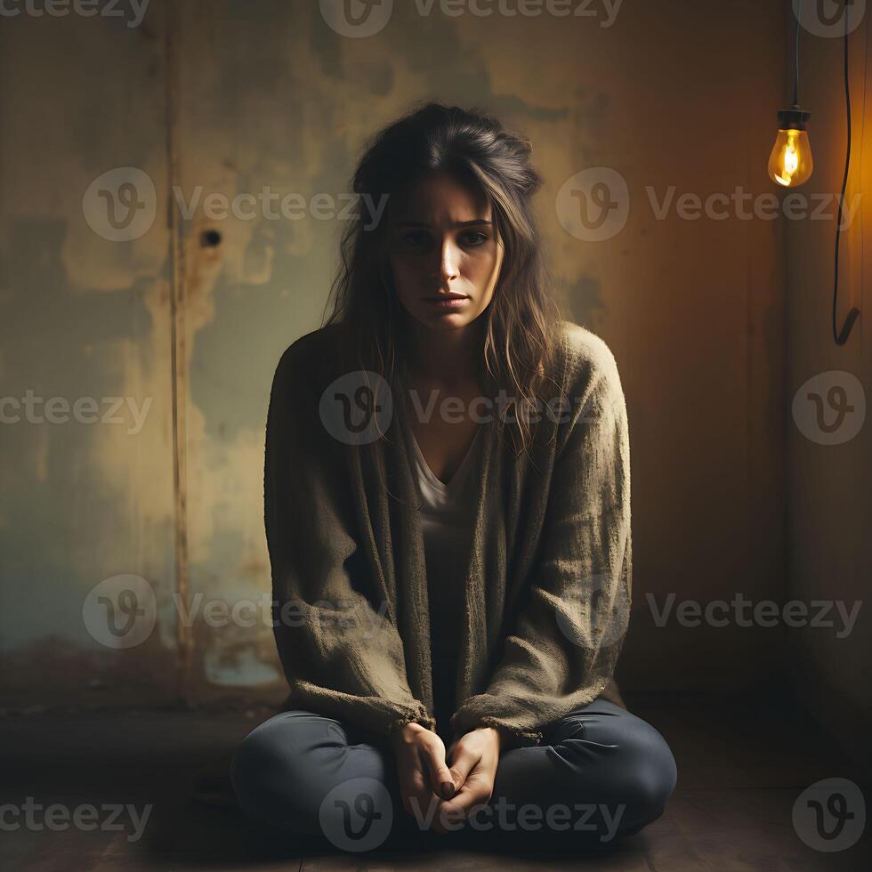 mentaal Gezondheid concept. vrouw in depressie met verbijsterd gedachten in haar verstand. psychotherapie en mentaal problemen concept. foto