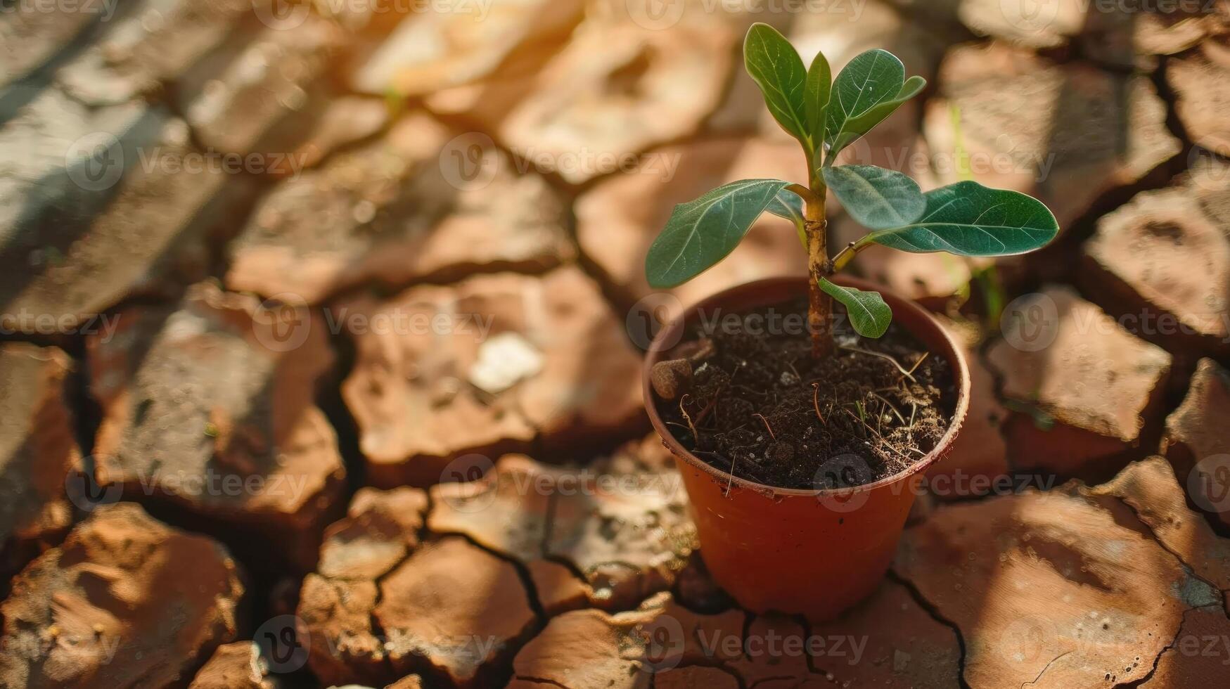 droogte in pot. de bodem in de pot droog en gebarsten maar de fabriek heeft groen bladeren. foto