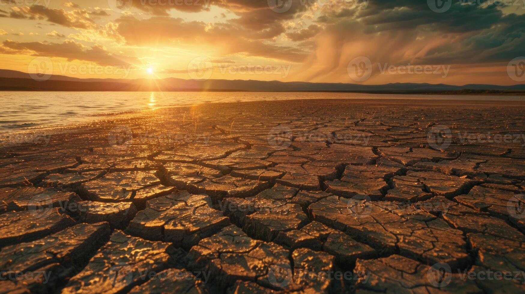 globaal opwarming concept. dood boom onder heet zonsondergang droogte gebarsten woestijn landschap foto