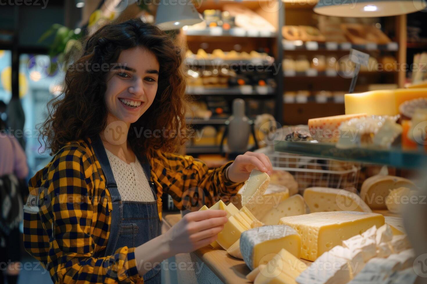 vrouw klant delicatessen voedsel op te slaan buying lokaal kaas van tiener- verkoop assistent foto