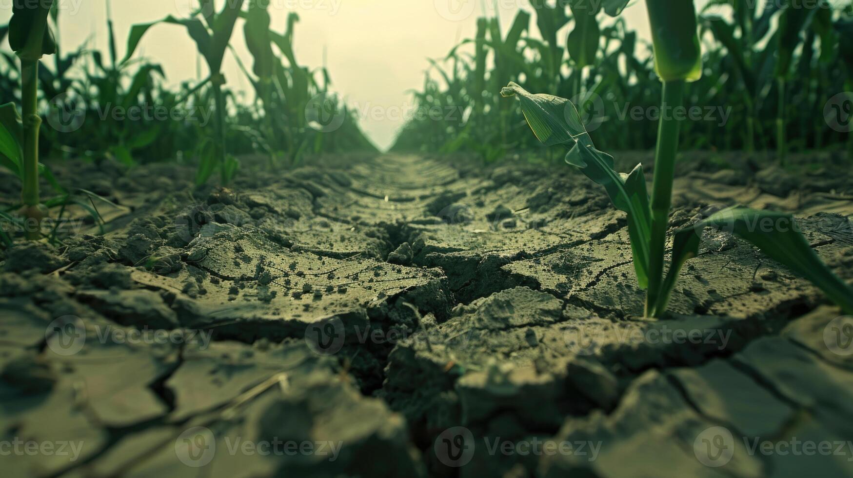 gebarsten aarde in heet zomer droogte Bij maïs veld- foto