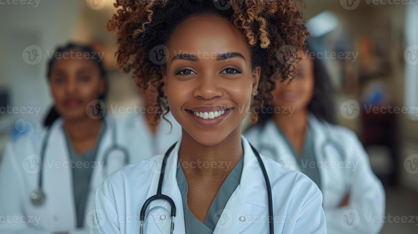 een vrouw in een wit laboratorium jas glimlacht Bij de camera foto