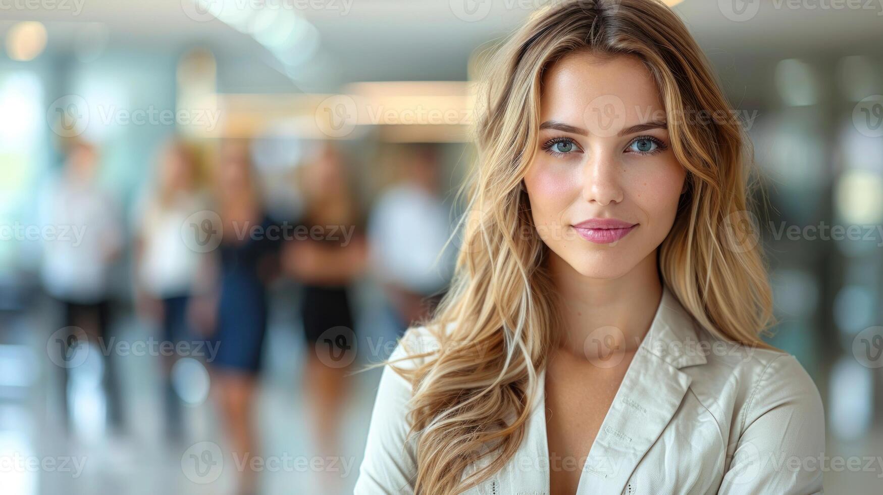 een vrouw met lang haar- staand in een modern lobby met glas muren foto