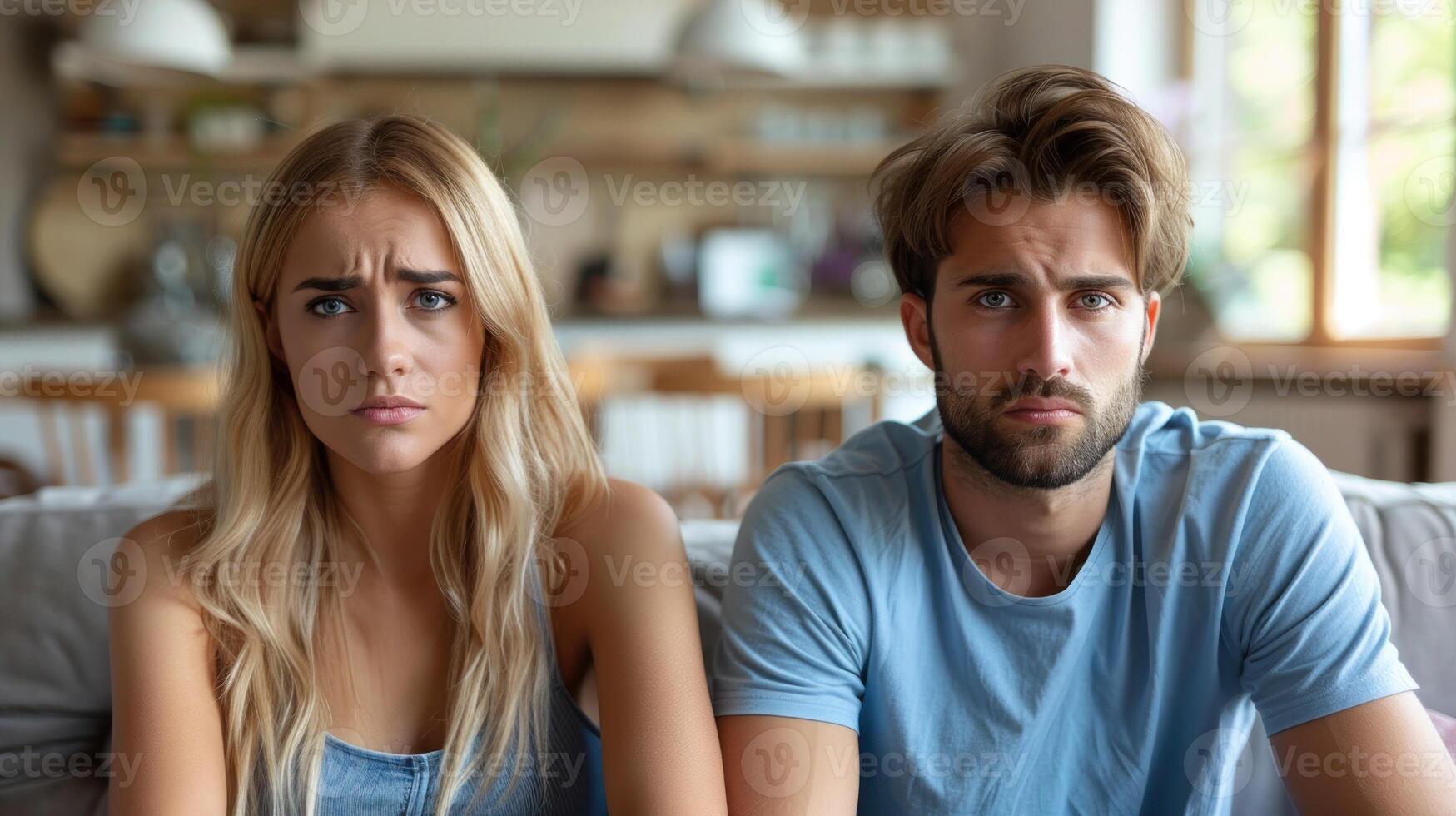 een Mens en vrouw zittend Aan een modern bankstel in een leven kamer foto