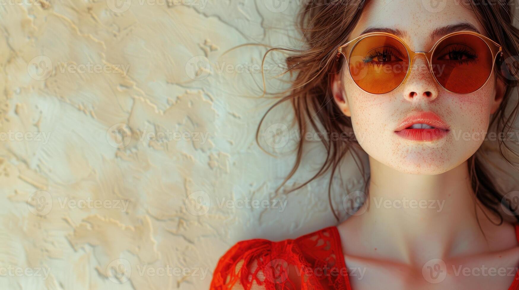 een vrouw in een rood jurk vervelend ronde zonnebril foto