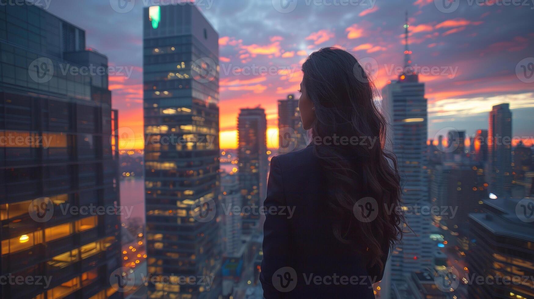een vrouw staand Aan de rand van een hoog gebouw, met uitzicht de stad hieronder foto