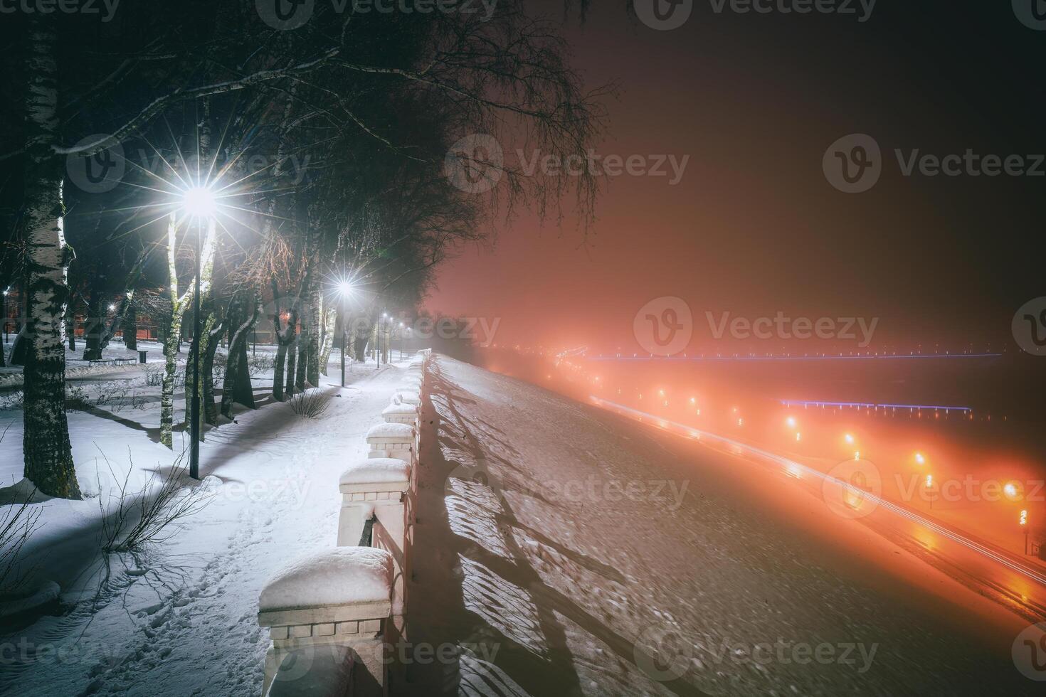 winter park Bij nacht met lantaarns, visie naar weg met auto beweging, bestrating en bomen in mistig het weer. wijnoogst film stijlvol. foto