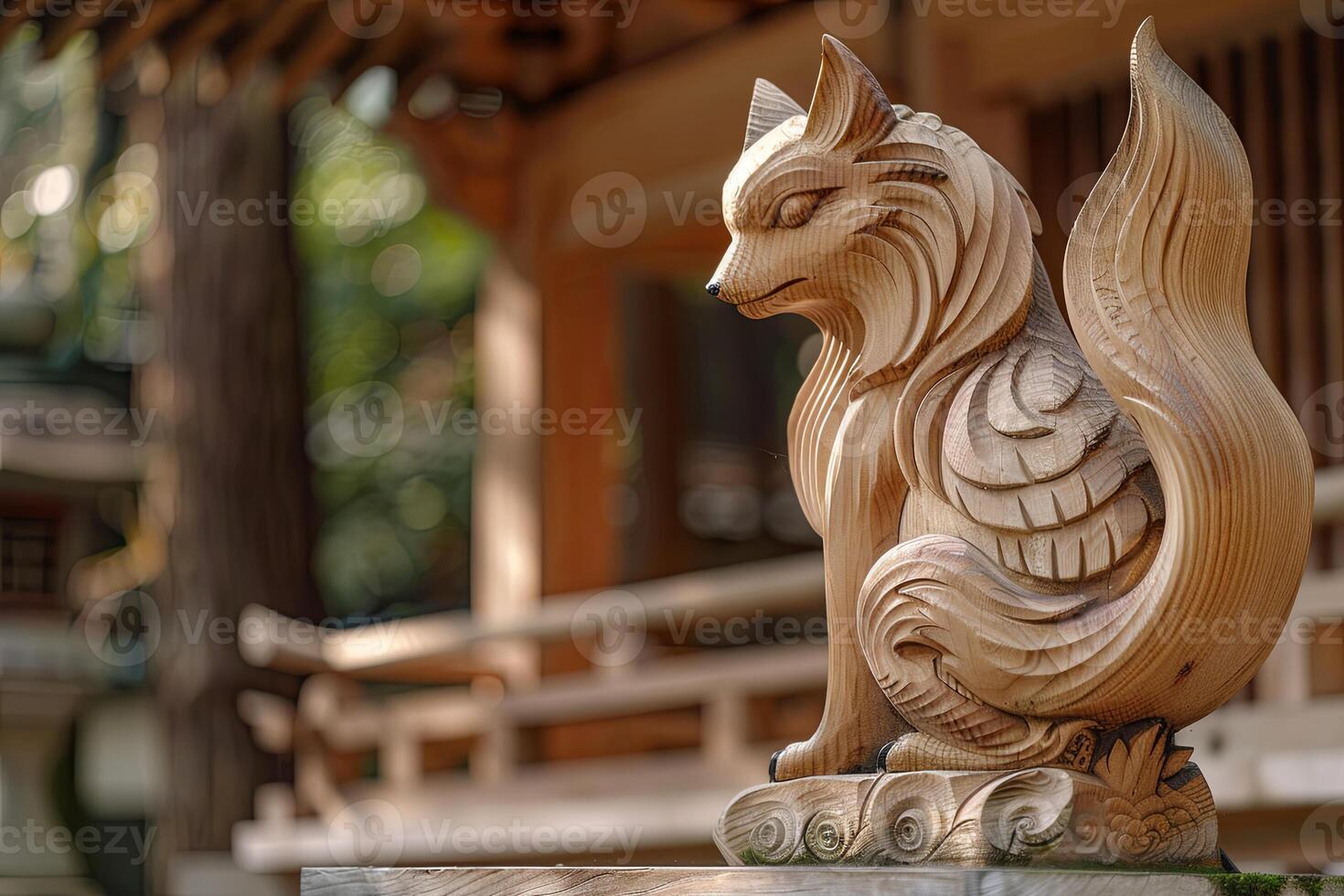 mystiek aura houten kitsune beeldhouwwerk met ingewikkeld vosachtig Kenmerken ai beeld foto