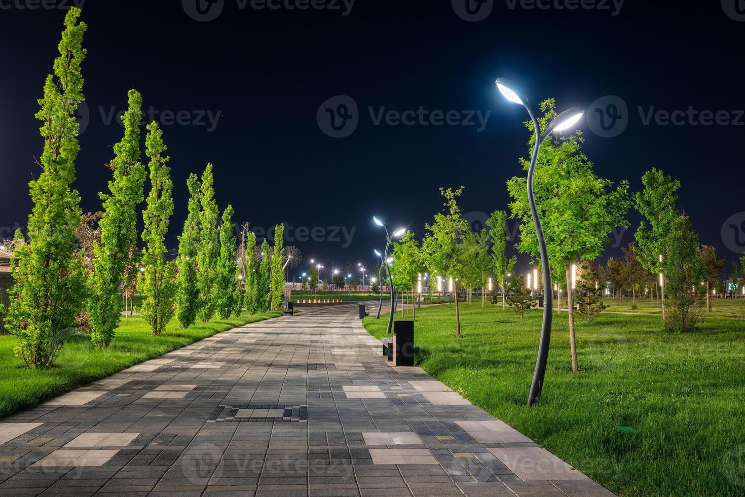 stad nacht park in vroeg zomer of voorjaar met stoep, lantaarns, jong groen gazon en bomen. foto