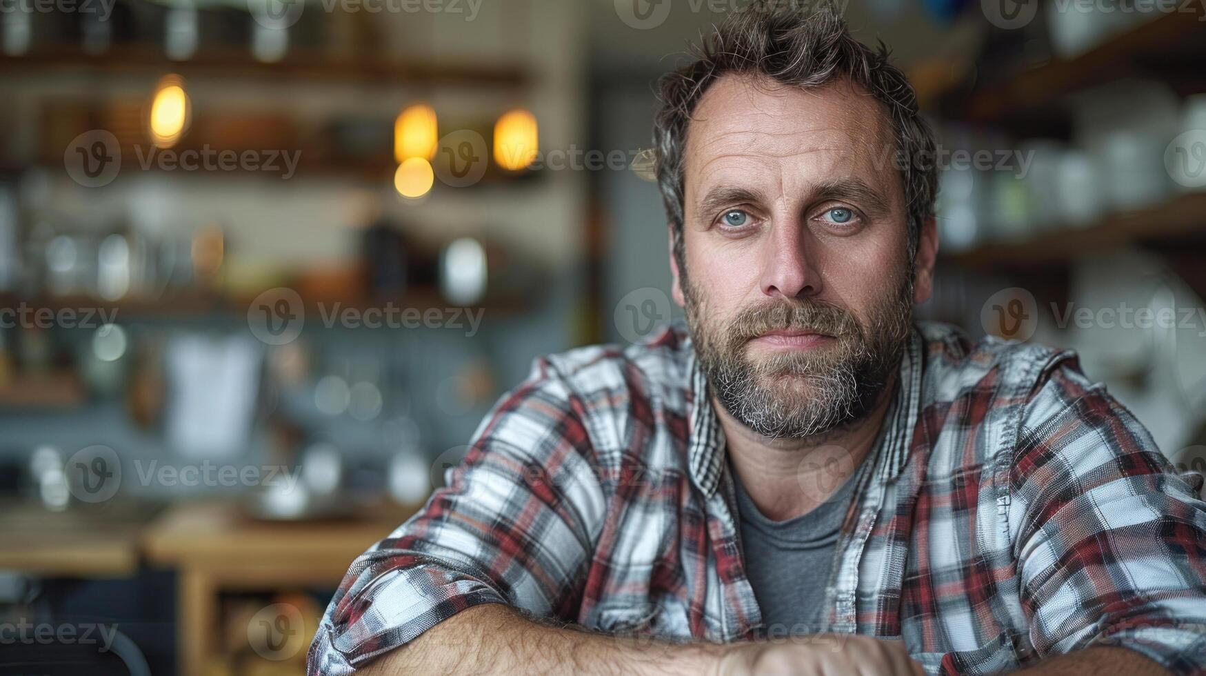 een Mens in een kamer, gezeten Bij een tafel met zijn armen gevouwen aan de overkant zijn borst foto