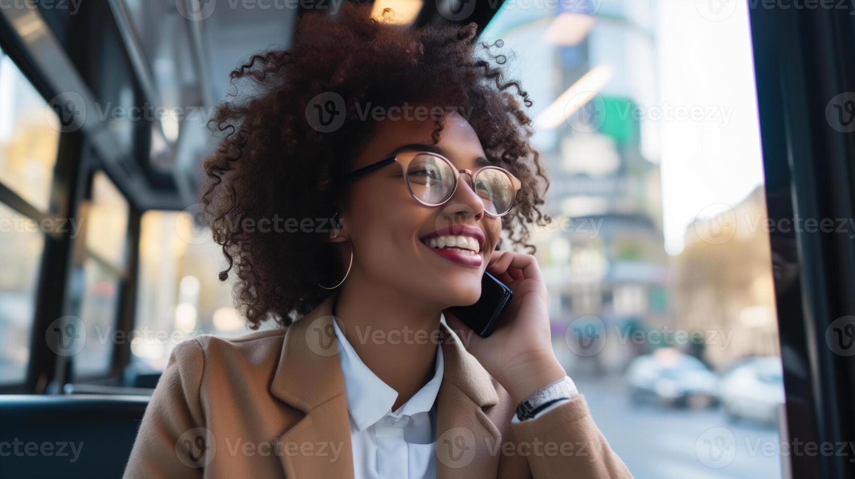 glimlachen Afrikaanse Amerikaans vrouw met bril pratend Aan de telefoon Aan openbaar vervoer. foto