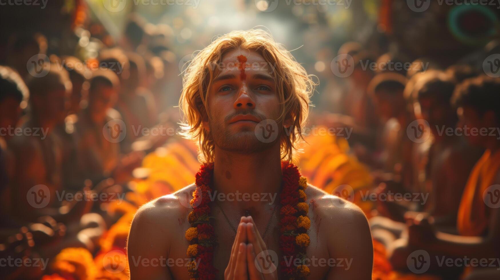 blond Mens in meditatie met traditioneel Indisch goudsbloem slinger gedurende een geestelijk ceremonie foto