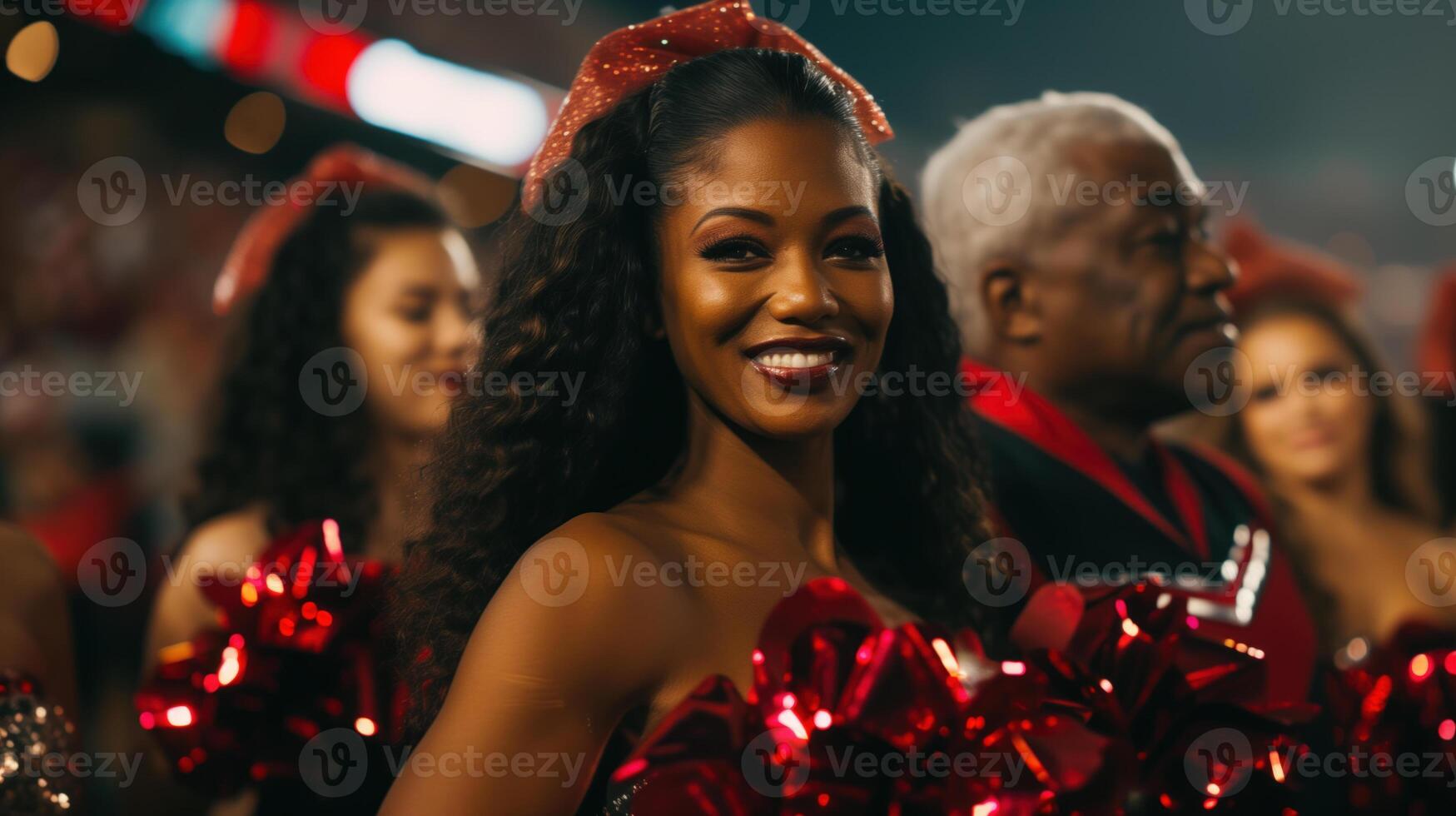 stralend cheerleader met pompons glimlachen Bij sport- evenement foto