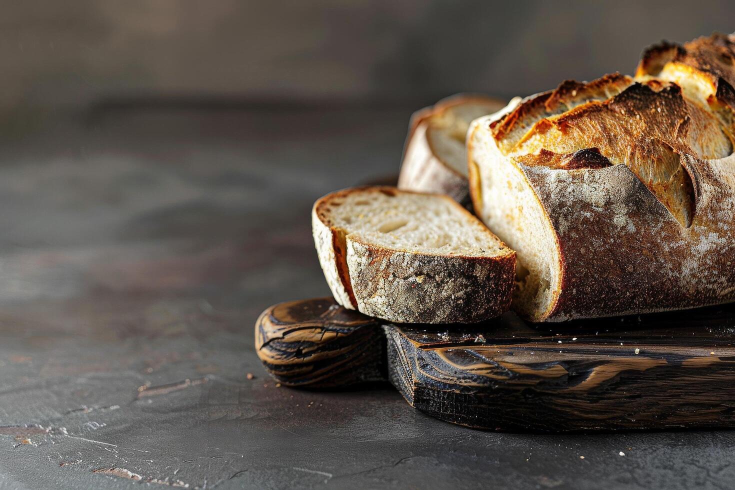 ambachtelijk brood verscheidenheid Aan snijdend bord foto